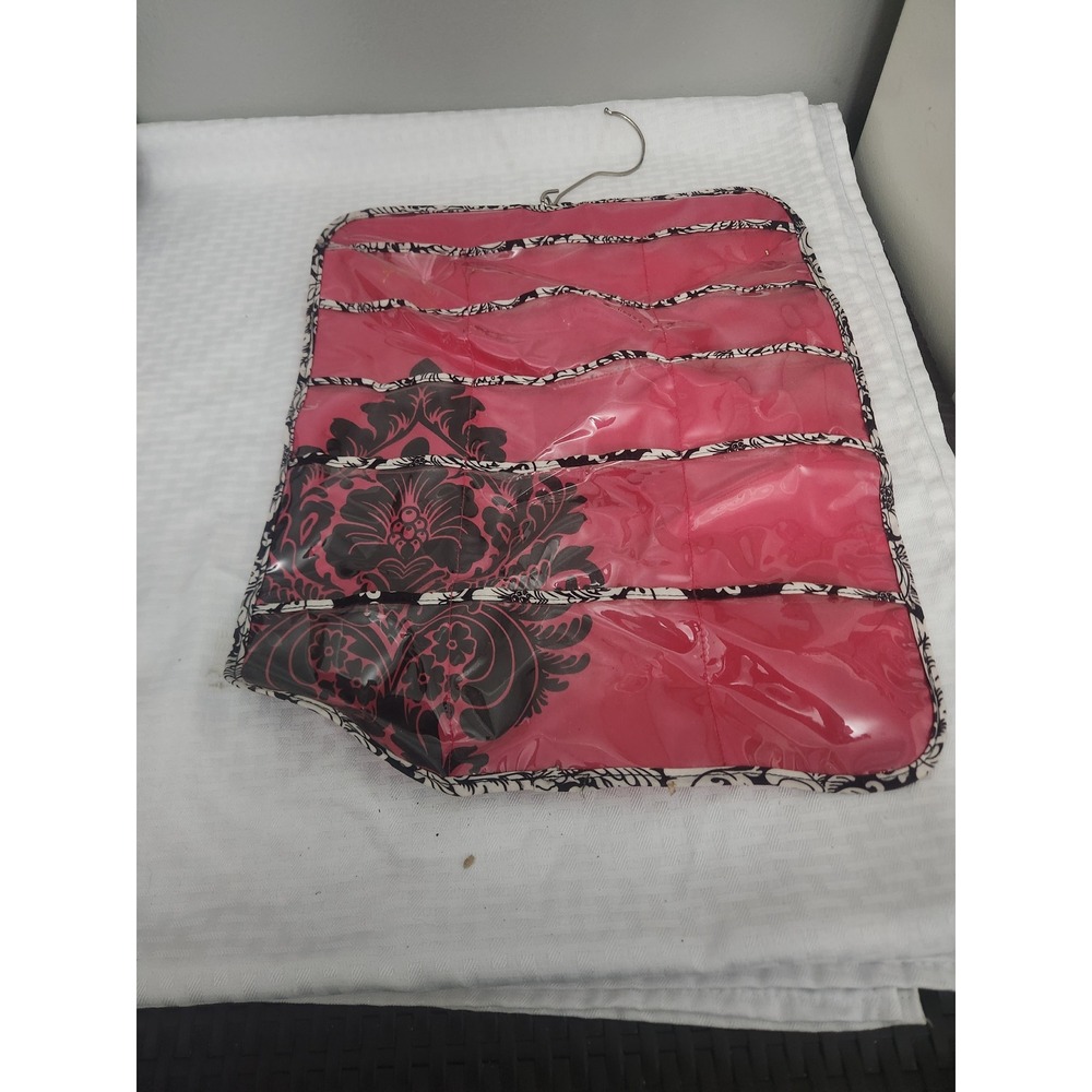 Provencal Pink Black Damask Hanging Jewelry Organizer Travel Bag